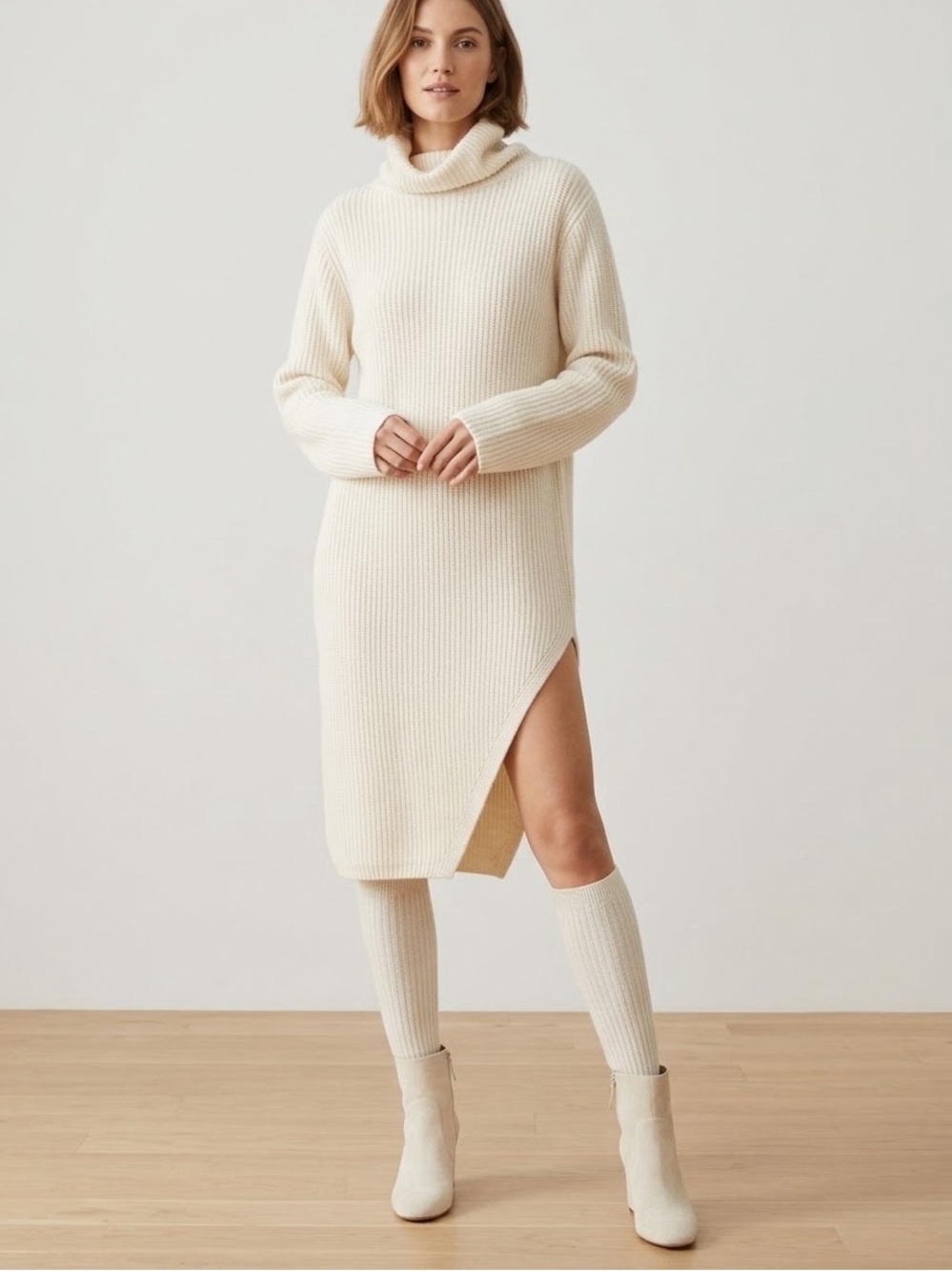 H&M Women’s XS Cream Chunky Knit Turtleneck Sweater Dress Midi Wool Blend NWT